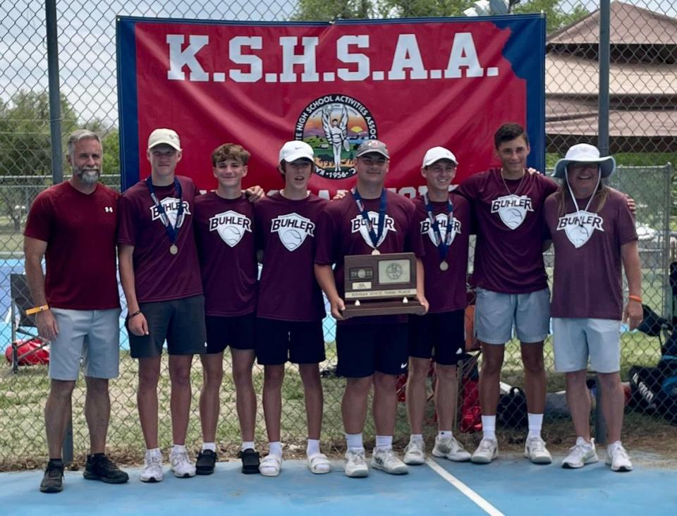 The Buhler boys tennis team won the third-place team trophy from the Class 4A state tournament in Pratt.