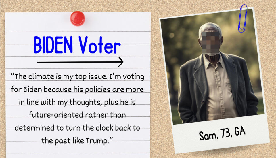 Note pinned on a board that reads "BIDEN Voter" with a quote about voting for Biden due to climate concerns, alongside a photo of Sam, 73, from GA