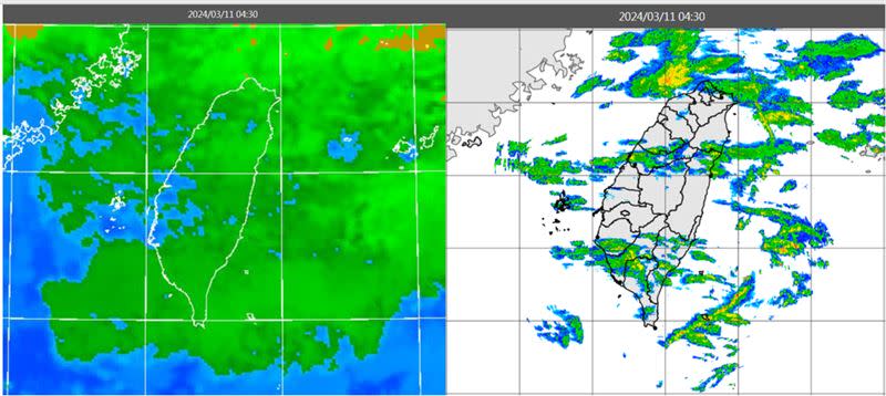 圖：今(11日)晨4：30紅外線色調強化雲圖顯示，各地雲量多(左圖)。4：30雷達回波合成圖亦顯示，伴隨弱回波消長(右圖)。