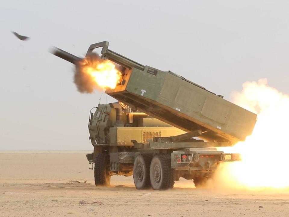 US Army soldiers fire High Mobility Artillery Rocket System HIMARS in Kuwait