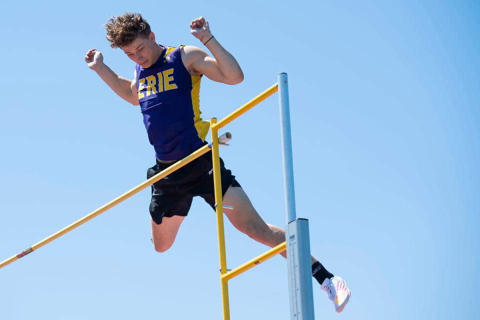 Erie's Bradon Schneider clears the crossbar on his way to a gold medal in the Class 3A pole vault at the PIAA track and field championships at Shippensburg University on Friday Schneider won with a mark of 15 feet 6 inches.