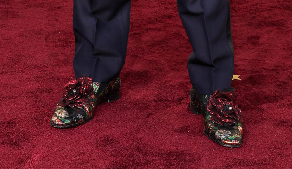 Christian Louboutin, loafers, flower loafers, rose loafers, jacquard loafers, mens loafers, slip on loafers, printed loafers, black loafers, menswear, Golden Globes, Golden Globe awards, celebrity red carpet, red carpet