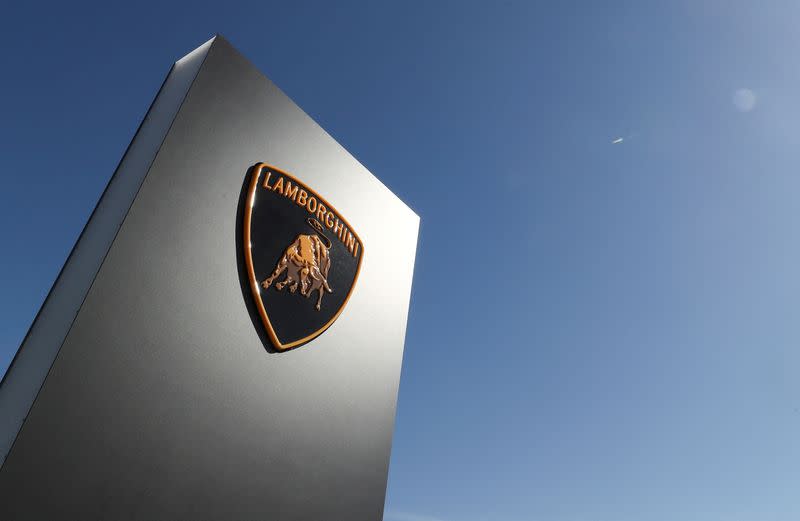 FILE PHOTO: A logo of Lamborghini is seen outside a Lamborghini car dealer, amid the coronavirus disease (COVID-19) outbreak in Brussels