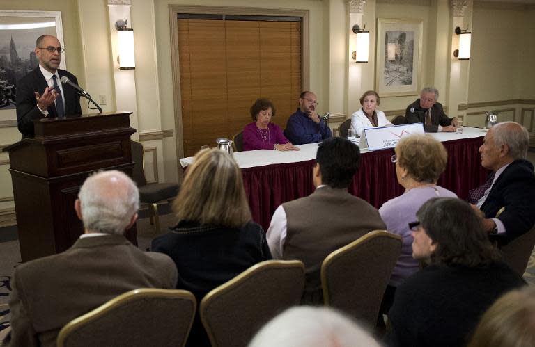 Robert Roben, executive director of American Task Force Argentina, answers questions from the media during a news conference by Argentine pensioners regarding Argentina's failure to meet bond payments on January 29, 2013 in New York