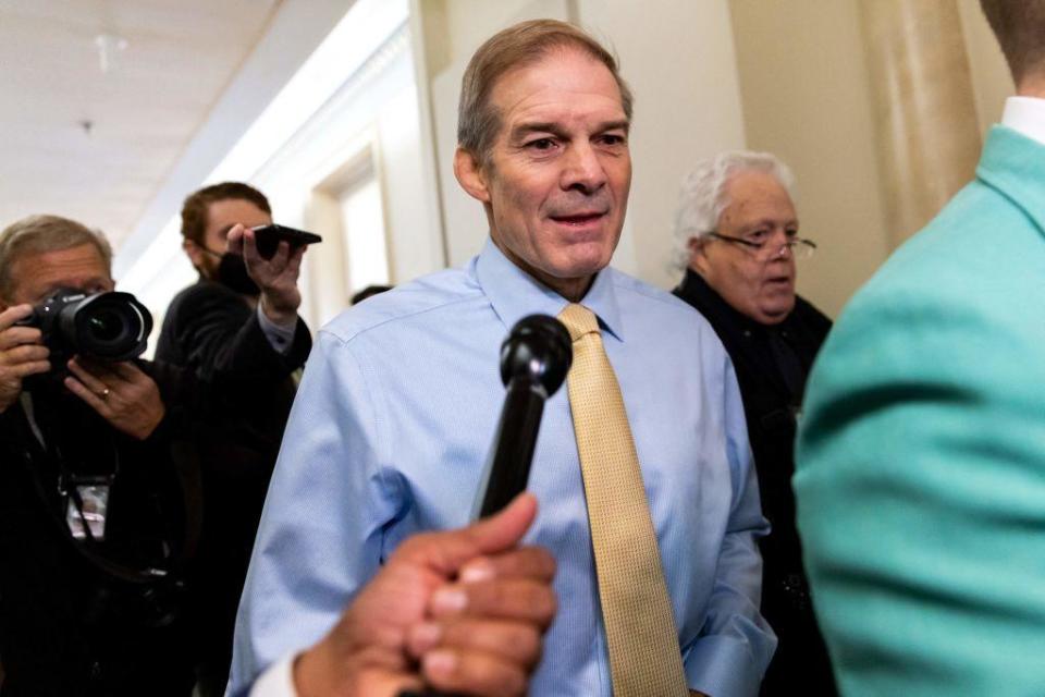 Rep. Jim Jordan speaks to reporters as he arrives for a House Republican Conference meeting at the Longworth House Office Building on Capitol Hill on Oct. 13, 2023. / Credit: JULIA NIKHINSON/AFP via Getty Images