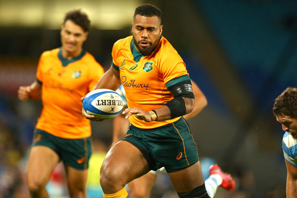 Pictured here, Wallabies flyer Samu Kerevi scores a try in a Test match against Argentina.