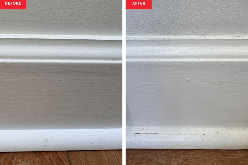 Side by side of baseboards before and after being cleaned with a dryer sheet