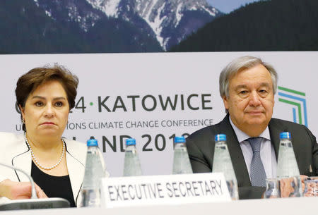 U.N. Secretary General Antonio Guterres and executive secretary of the U.N. Framework Convention on Climate Change Patricia Espinosa attend a meeting with representatives of various NGO organisations before the final session of the COP24 U.N. Climate Change Conference 2018 in Katowice, Poland, December 14, 2018. REUTERS/Kacper Pempel