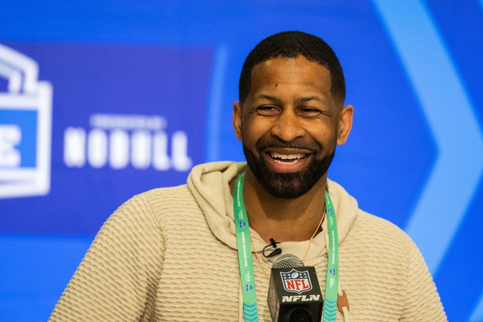 Feb 27, 2024; Indianapolis, IN, USA; Cleveland Browns Executive Vice President of Football Operations and General Manager Andrew Berry talks to the media at the 2024 NFL Combine at Indiana Convention Center. Mandatory Credit: Trevor Ruszkowski-USA TODAY Sports