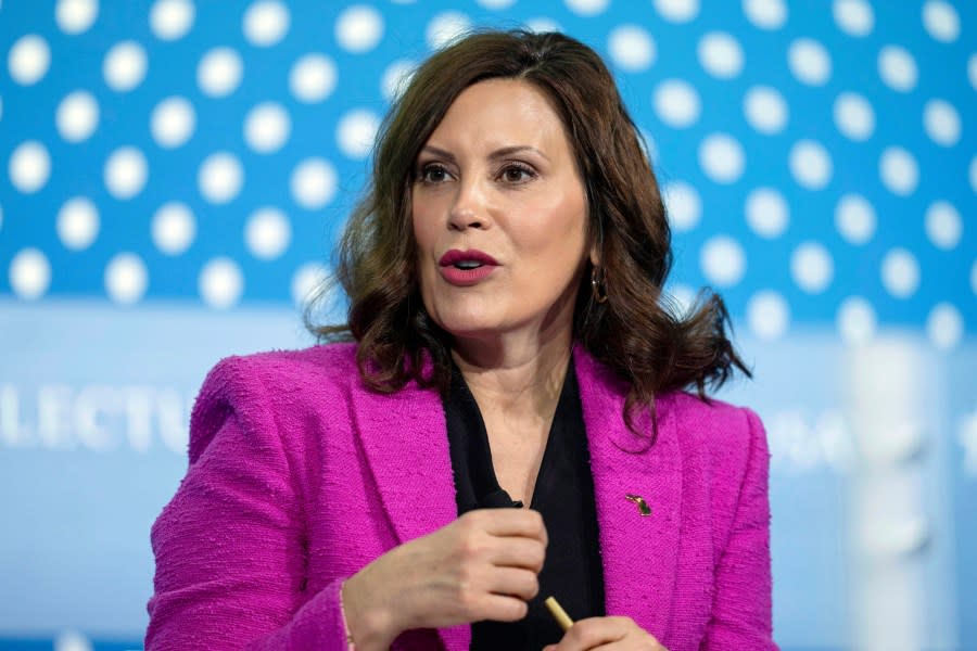 FILE - Michigan Gov. Gretchen Whitmer speaks at the SelectUSA Investment Summit, May 4, 2023, in Oxon Hill, Md. Democrats are circulating several high profile names as potential presidential alternatives including Whitmer, the co-chair of the Biden-Harris campaign who is releasing a memoir titled "True Gretch," that hints at her political future this week. However, Whitmer shut down any possibility of stepping into the race this year in an interview with the Associated Press ahead of the book's launch. (AP Photo/Alex Brandon, File)