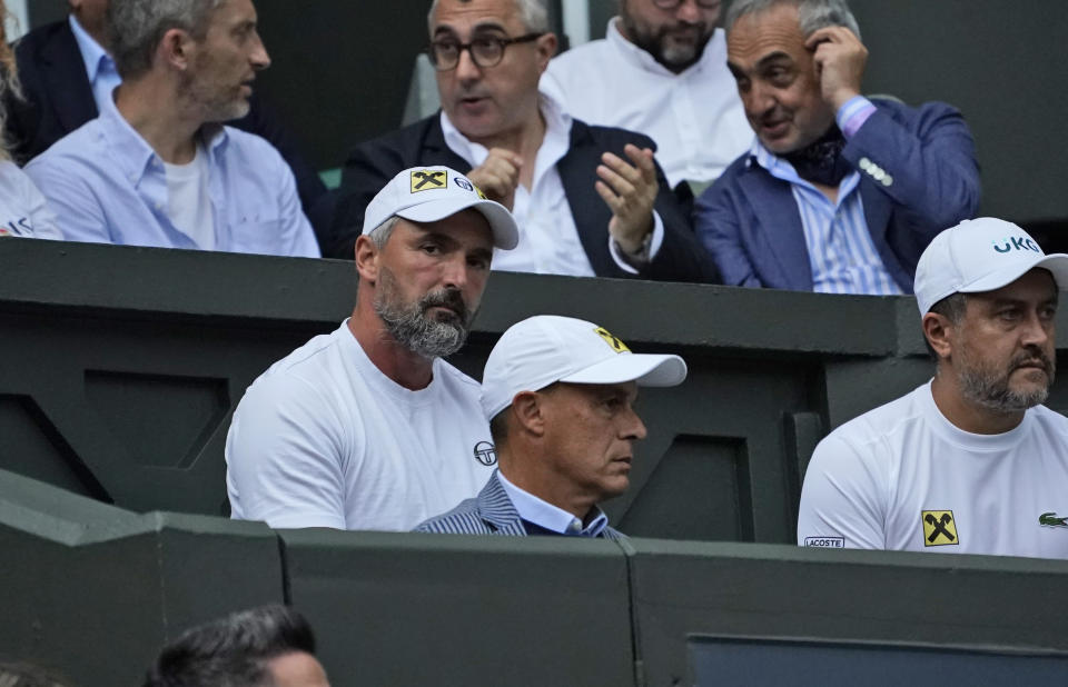 Former tennis player Goran Ivanisevic watches the men's singles semifinals match between Serbia's Novak Djokovic and Canada's Denis Shapovalov on day eleven of the Wimbledon Tennis Championships in London, Friday, July 9, 2021. (AP Photo/Alberto Pezzali)