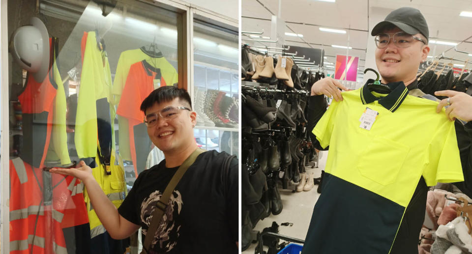 Heng Soon poses with an array of hi-vis shirts made for tradies.