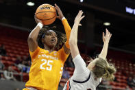 Tennessee guard Jordan Horston (25) shoots over Auburn guard Annie Hughes (3) during the first half of an NCAA college basketball game Thursday, Jan. 27, 2022, in Auburn, Ala. (AP Photo/Butch Dill)