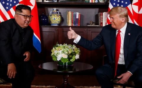 The meeting between Donald Trump and Kim Jong-un in Singapore in June, which has produced few concrete results - Credit: Evan Vucci/AP