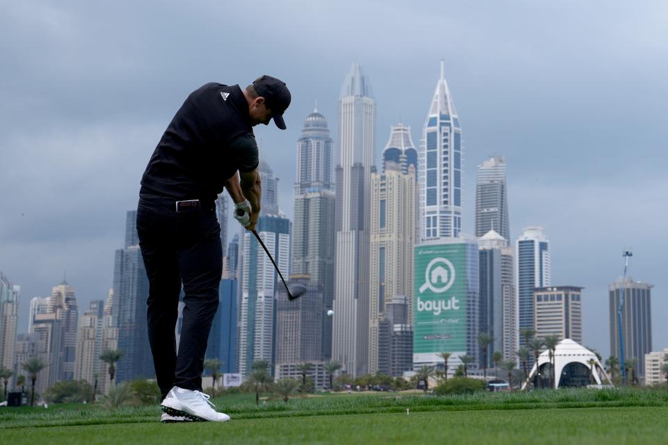 Texas Tech golfer Ludvig Aberg tees off on the 8th hole Friday during his first round of the Dubai Desert Classic. Aberg was the 18-hole co-leader with Ian Poulter after shooting 7-under 65 and followed up with a 1-over 73 in the second round.