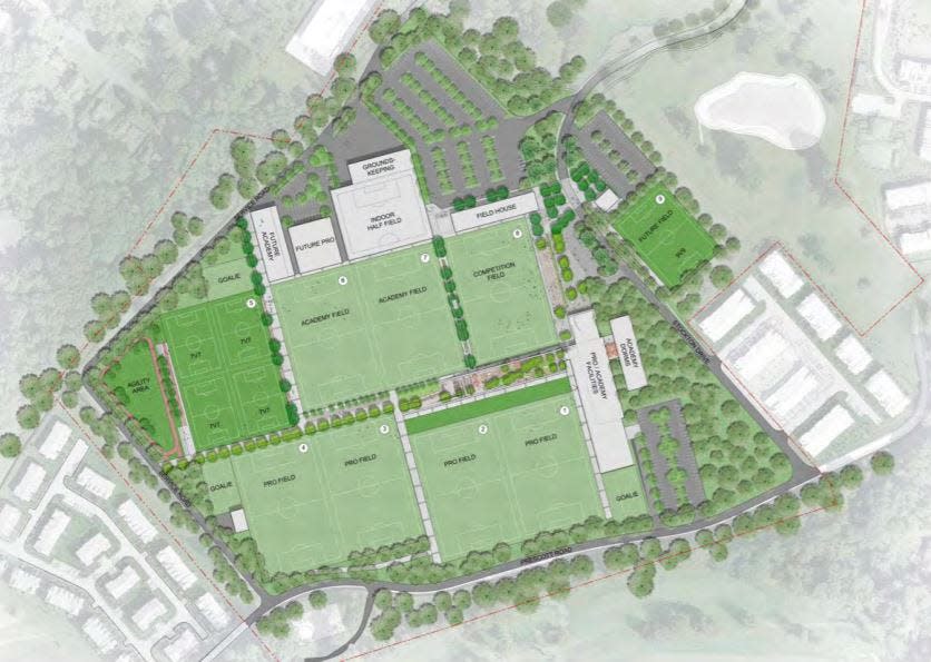 A rendering of the revised concept plan for a proposed training facility for the New York Red Bulls soccer club on an 81-acre portion of the former Honeywell campus, presented to the Morris Township Planning Board May 17, 2022.