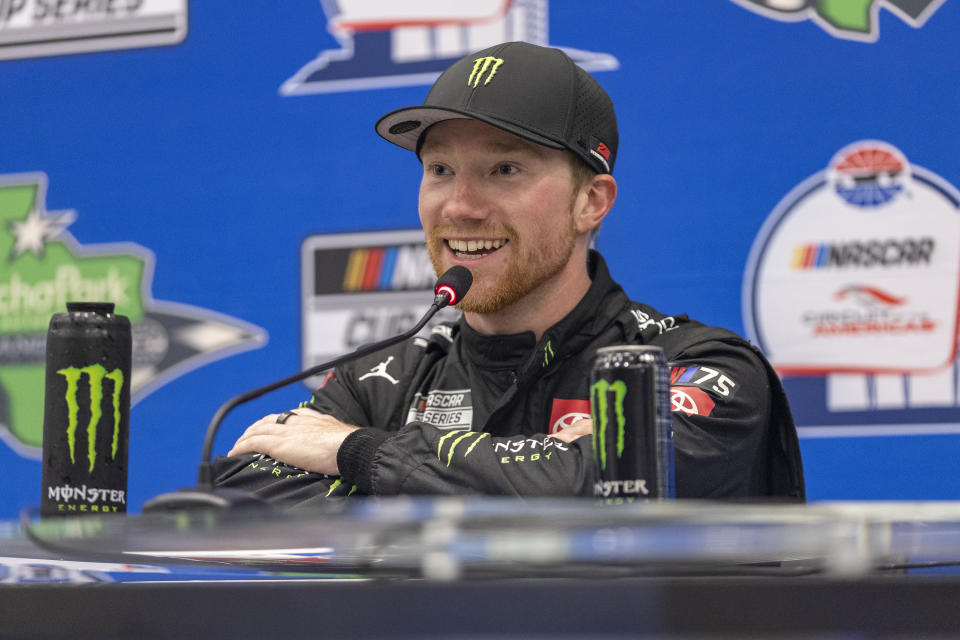 Tyler Reddick answers questions after winning a NASCAR Cup Series auto race at Circuit of the Americas, Sunday, March 26, 2023, in Austin, Texas. (AP Photo/Stephen Spillman)