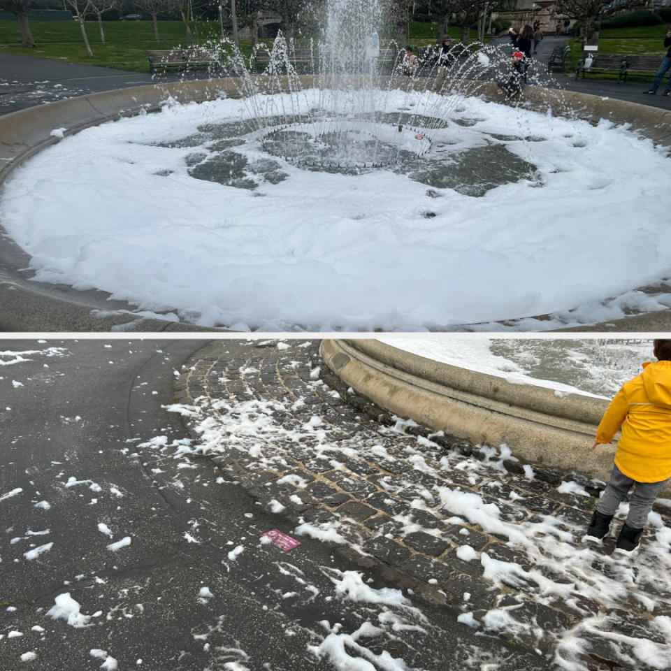 Two images: Top shows a fountain with water partially covered in foam. Bottom is a child near a foamy fountain's edge