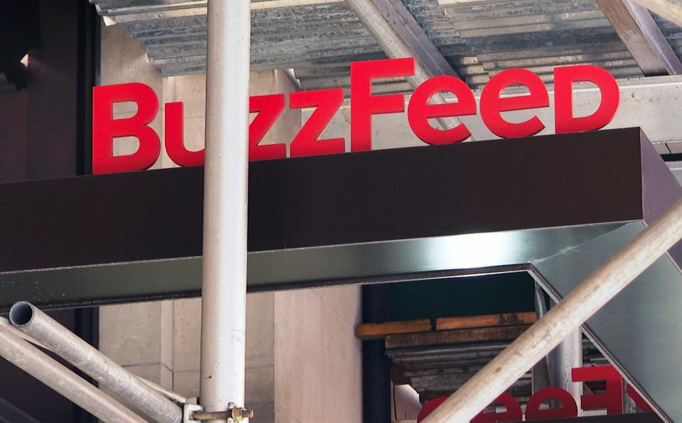 The entrance to BuzzFeed in New York is seen on Nov. 19, 2020. Pulitzer prize winning digital media company BuzzFeed is cutting about 15% of its staff, according to multiple media reports. In a memo sent to staff, co-founder and CEO Jonah Peretti said that the New York company was going to start the process of shutting down its news division, and that cuts would also occur across its business, content, tech and administrative teams.