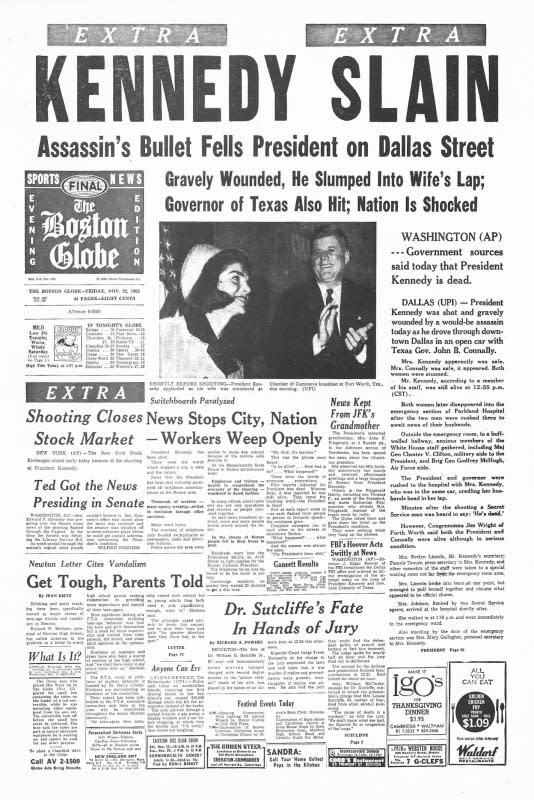 The front page of the Boston Globe for November 23, 1963 is dominated by UPI's coverage of the assassination of President John F. Kennedy. UPI File Photo