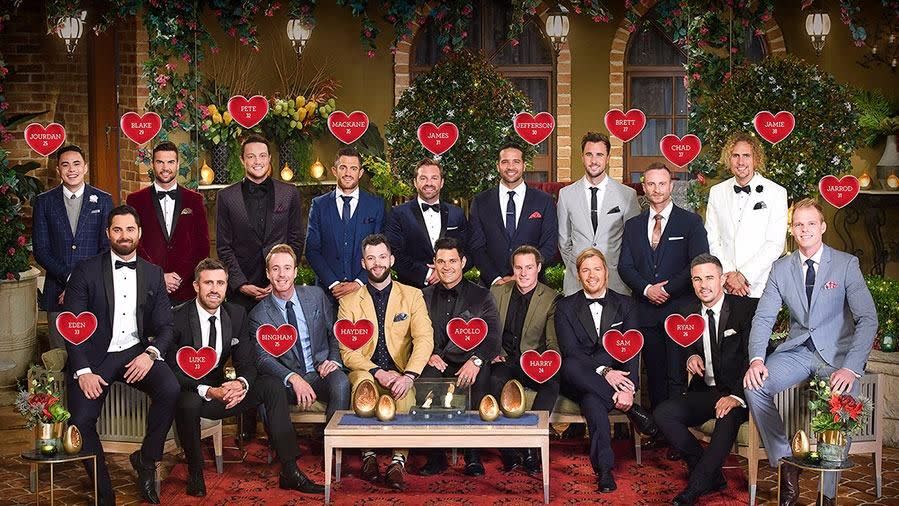 These are the 18 men vying for Sophie's heart on the reality show. Source: Channel Ten