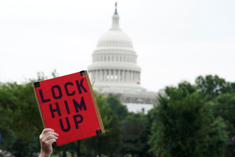 A red placard held up, with the Capitol in the distance, says Lock Him Up in block letters.