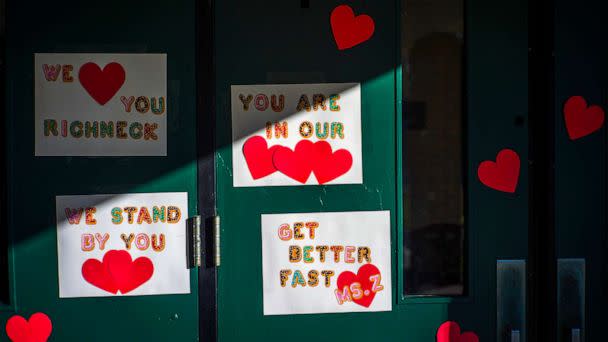 PHOTO: FILE - Messages of support for teacher Abby Zwerner, who was shot by a 6-year-old student, grace the front door of Richneck Elementary School Newport News, Va. Jan. 9, 2023. (John C. Clark/AP, FILE)