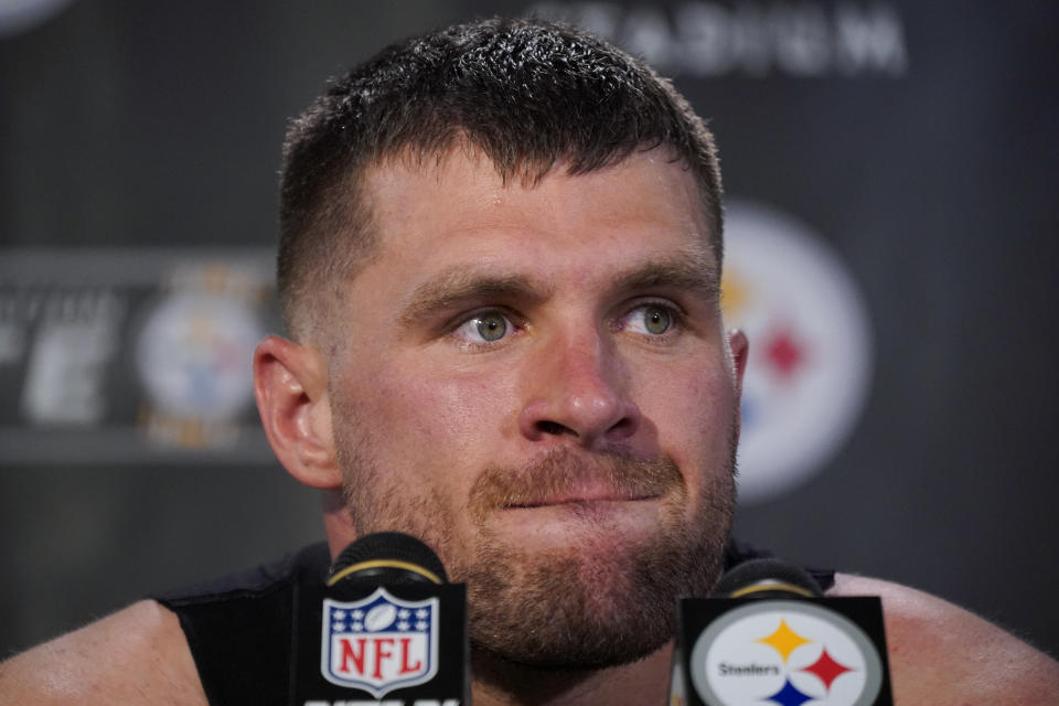 Pittsburgh Steelers linebacker T.J. Watt speaks to reporters after an NFL football game against the San Francisco 49ers, Sunday, Sept. 10, 2023, in Pittsburgh. (AP Photo/Gene J. Puskar)