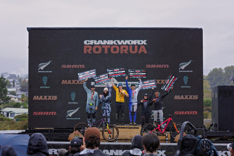 Martha Gill stands atop the dual slalom podium at Crankworx Rotorua<p>Crankworx</p>