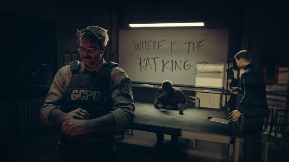 Jim Gordon in front of a whiteboard demanding to know where the Rat King is