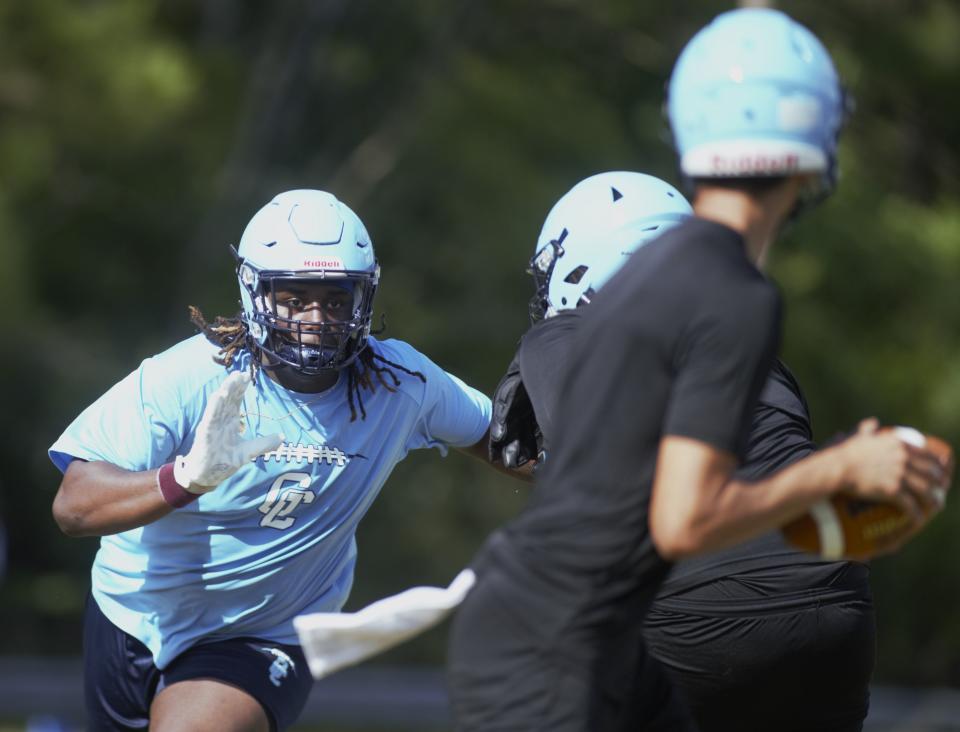 Gadsden County football players participate in first spring practice at Gadsden County High School on Monday, April 29, 2024