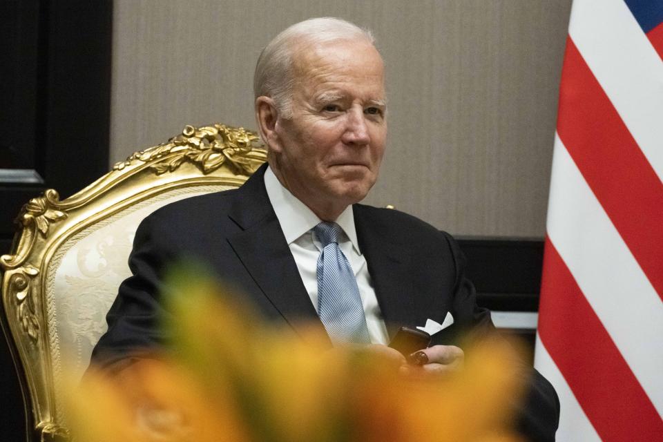 President Joe Biden listens during a meeting with Egyptian President Abdel Fattah el-Sisi at the COP27 U.N. Climate Summit, Friday, Nov. 11, 2022, at Sharm el-Sheikh, Egypt. (AP Photo/Alex Brandon)