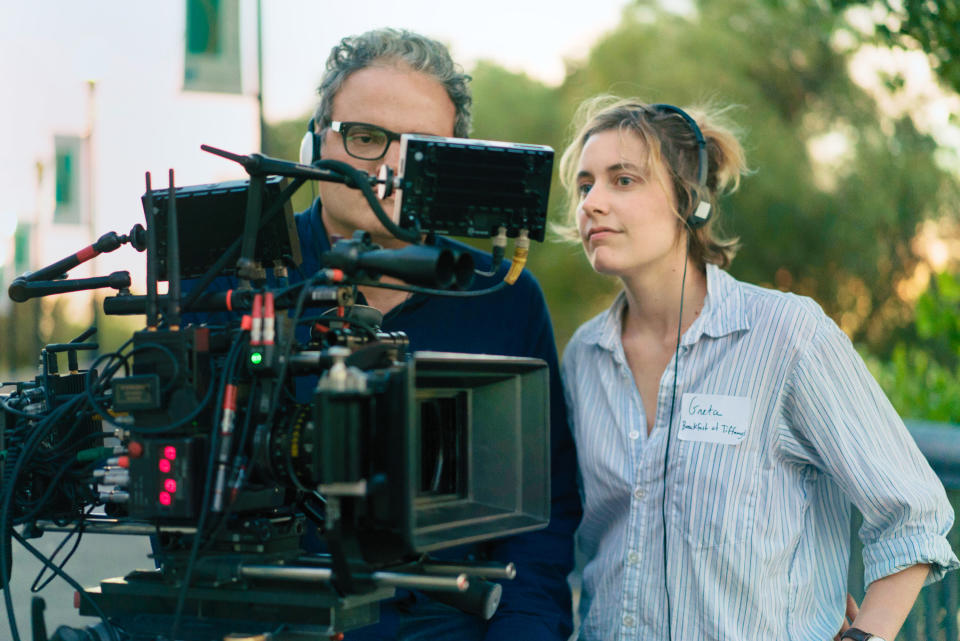 This image released by A24 Films shows director Greta Gerwig on the set of “Lady Bird.”. (Merie Wallace/A24 via AP)