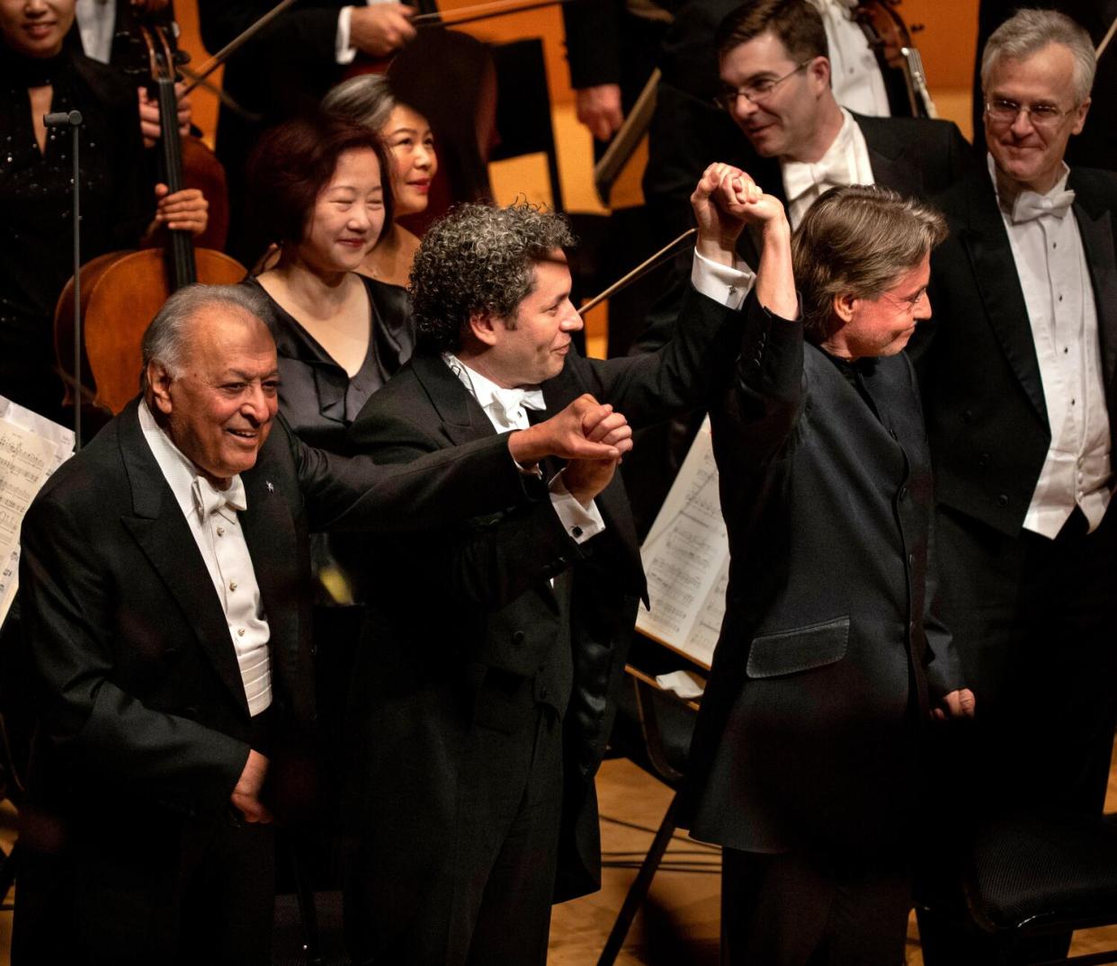 Zubin Mehta, Gustavo Dudamel and Esa-Pekka Salonen at the L.A.Phil 100th anniversary gala in 2019 at Walt Disney Concert Hall