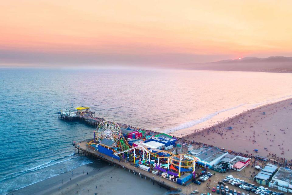 Aerial view of the Santa Monica Pier on Sunset, located in the City Of Santa Monica, California