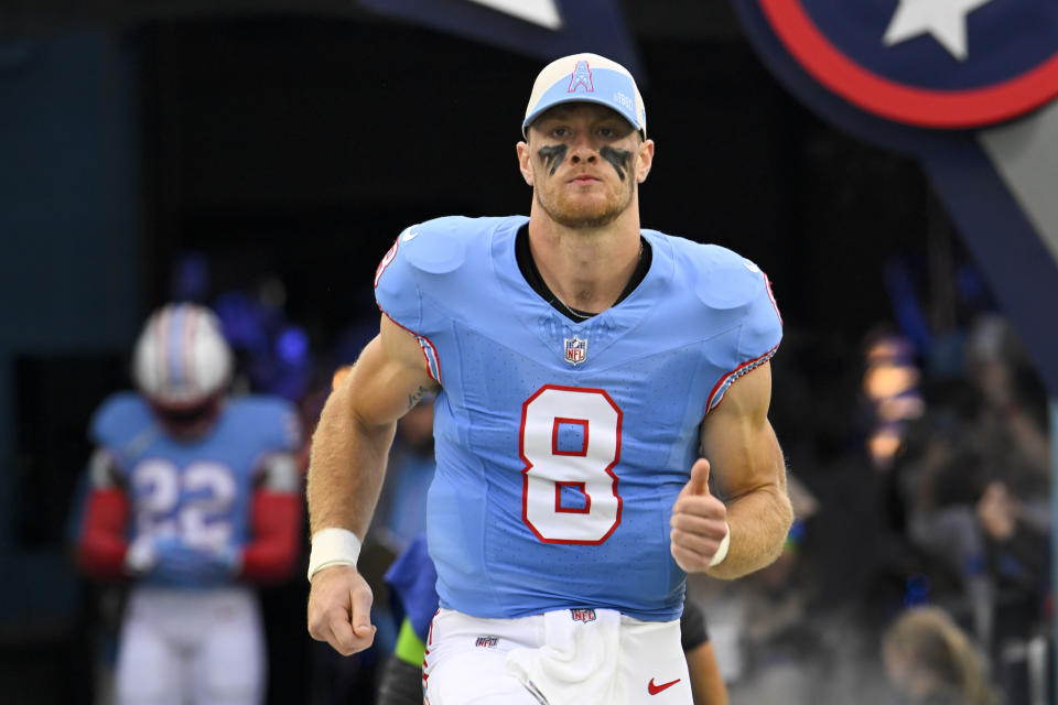 Tennessee Titans quarterback Will Levis (8) makes his second career start on Thursday night. (AP Photo/John Amis)