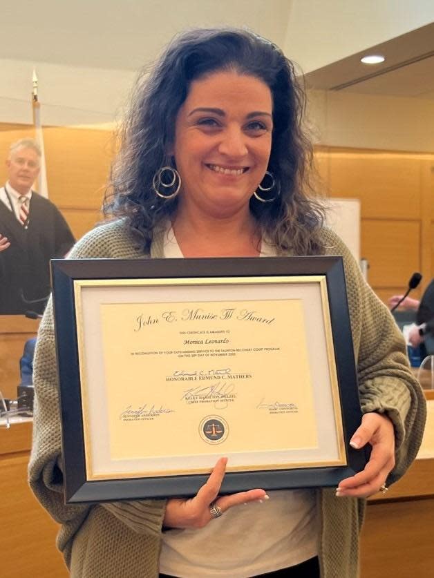Taunton Recovery Court presented Monica Leonardo of Community Counseling of Bristol County with the John E. Munise III award for her guidance and support during a graduation ceremony on Wednesday, Nov. 30, 2022.