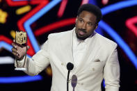 Cleveland Browns' Myles Garrett, AP defensive player of the year speaks during the NFL Honors award show ahead of the Super Bowl 58 football game Thursday, Feb. 8, 2024, in Las Vegas. The San Francisco 49ers face the Kansas City Chiefs in Super Bowl 58 on Sunday. (AP Photo/David J. Phillip)