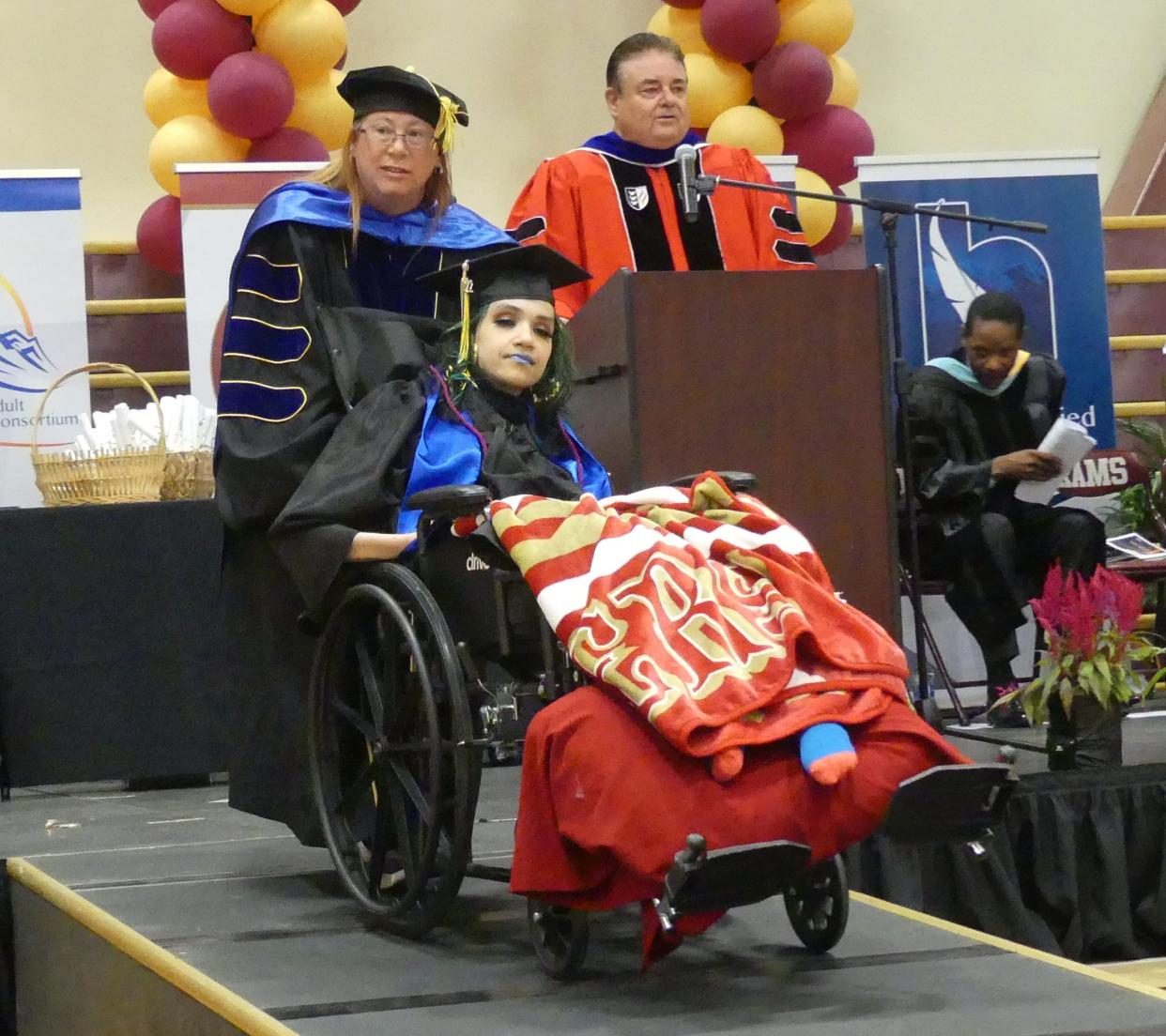 After being shot and paralyzed 18 years ago, Snowline Adult School Class speaker Shauntanay Davis, 30, proudly received her high school diploma during the Victor Valley Adult Education Regional Consortium’s 2022 Adult Education Graduation Ceremony.