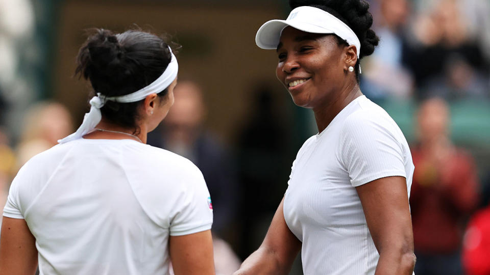 Venus Williams and Ons Jabeur, pictured here shaking hands after their match at Wimbledon.
