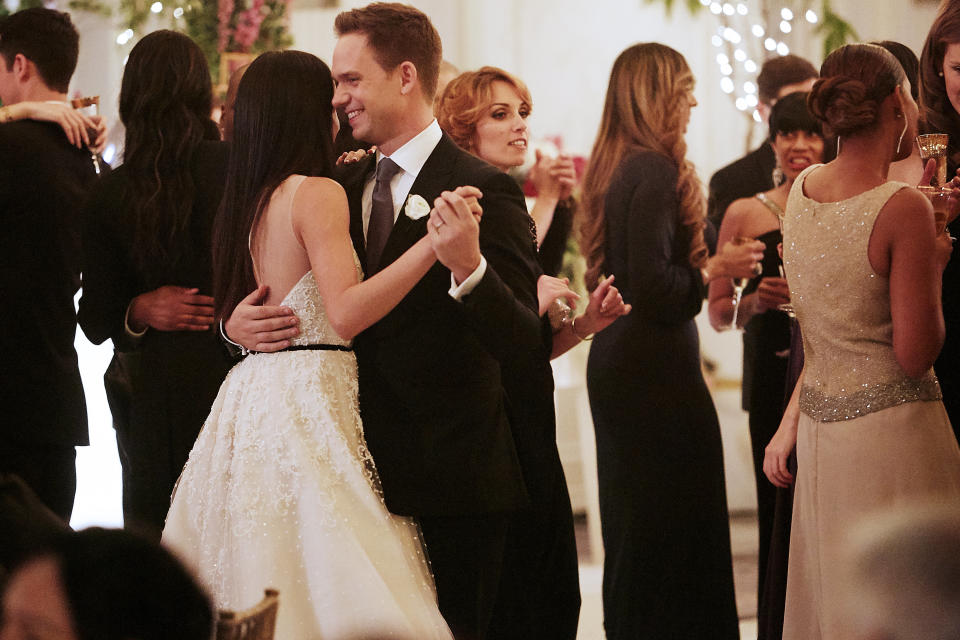 TV couple Rachel and Mike share a dance at their wedding reception.&nbsp; (Photo: Ian Watson/USA Network)