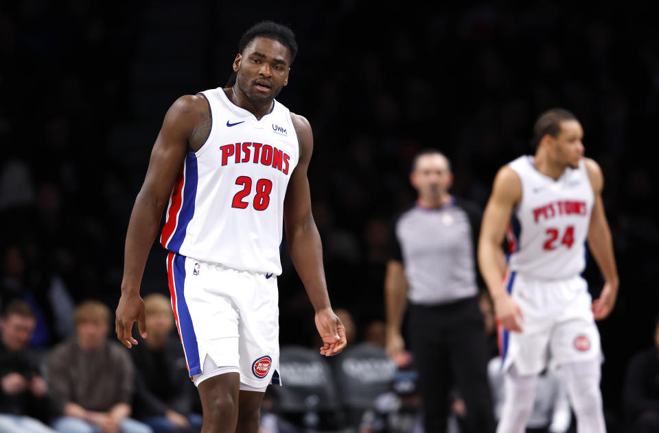 Detroit Pistons center Isaiah Stewart (28) reacts after being charged with a foul against the Brooklyn Nets during the second half of an NBA basketball game, Saturday, Dec. 23, 2023, in New York. (AP Photo/Noah K. Murray)