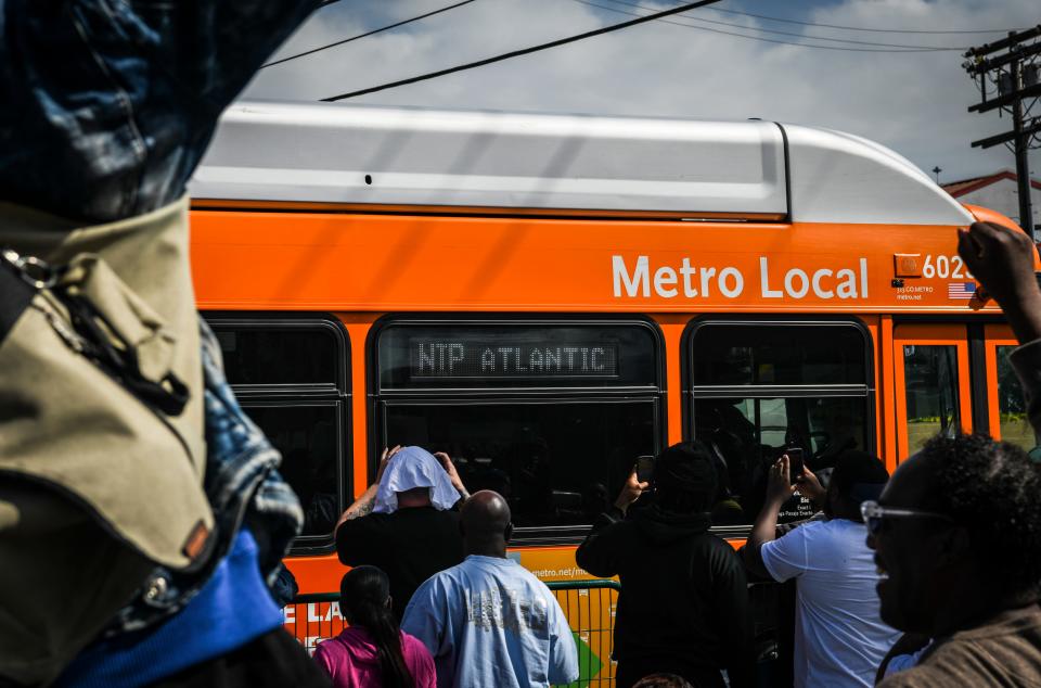 A Los Angeles Metro bus is pictured in south Los Angeles on April 11, 2019.