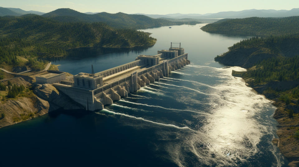 A bird's-eye view of a large hydroelectric dam powering a nearby city.