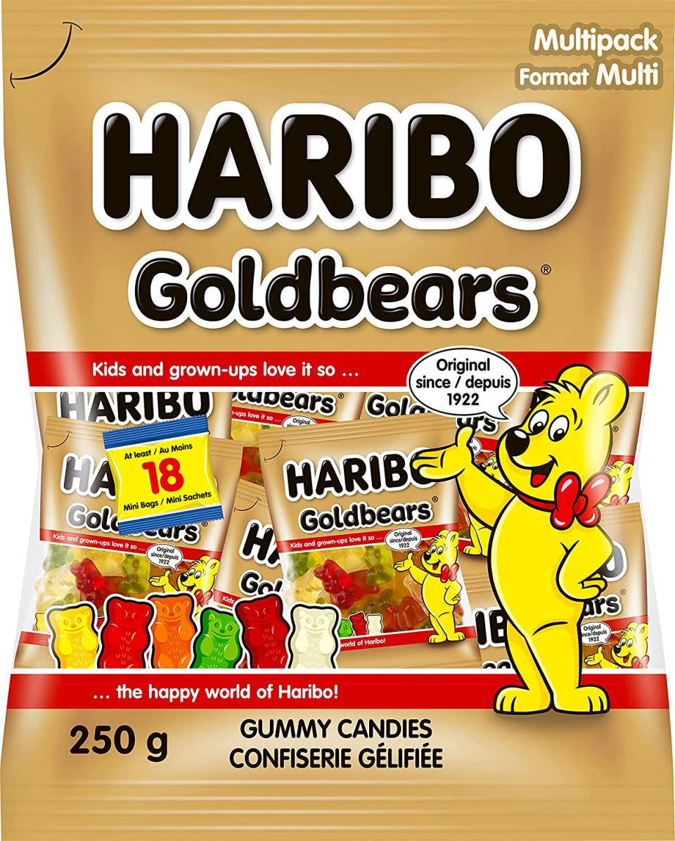 Haribo Goldbears Gummy Candy, 6 Fruity Flavours, No Artificial Colours - 250g Multipack with Mini Bags. Image via Amazon.