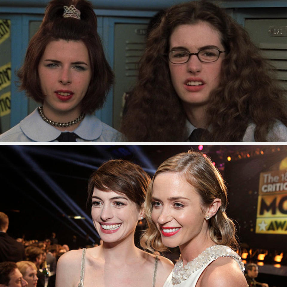 Above, Mia and Lilly stand by their lockers at school. Below, Hathaway and Blunt pose at an awards show