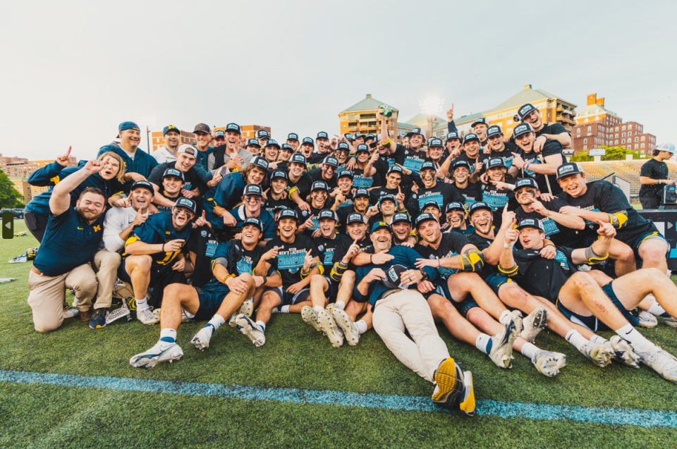 Michigan lacrosse celebrates winning the Big Ten lacrosse tournament championship against Maryland on May 6 at Homewood Field in Baltimore, Maryland