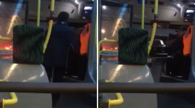 The driver and passenger argue (left) before the bus driver kicks him off (right). Source: Newshub