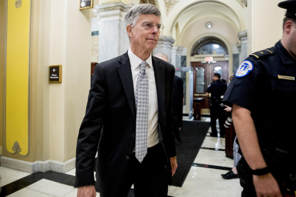 Former Ambassador William Taylor leaves a closed door meeting after testifying as part of the House impeachment inquiry into President Donald Trump, on Capitol Hill in Washington, Tuesday, Oct. 22, 2019. (AP Photo/Andrew Harnik)