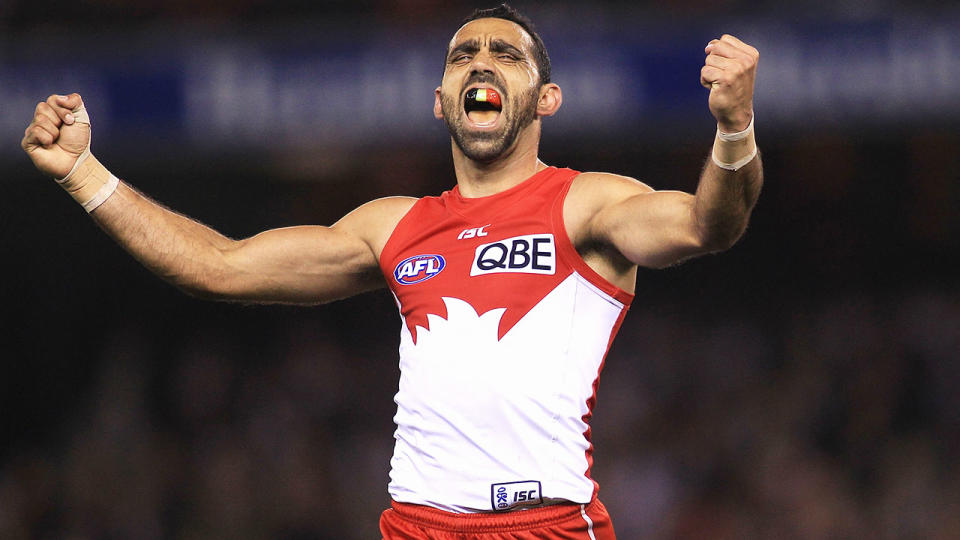 Adam Goodes in action for the Sydney Swans in 2011.  (Photo by Hamish Blair/Getty Images)